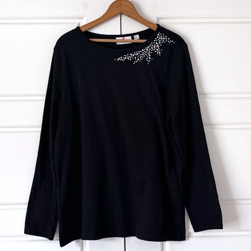 Quacker Factory Rhinestones Tshirt Womens Large Black Jewels Embellished NEW